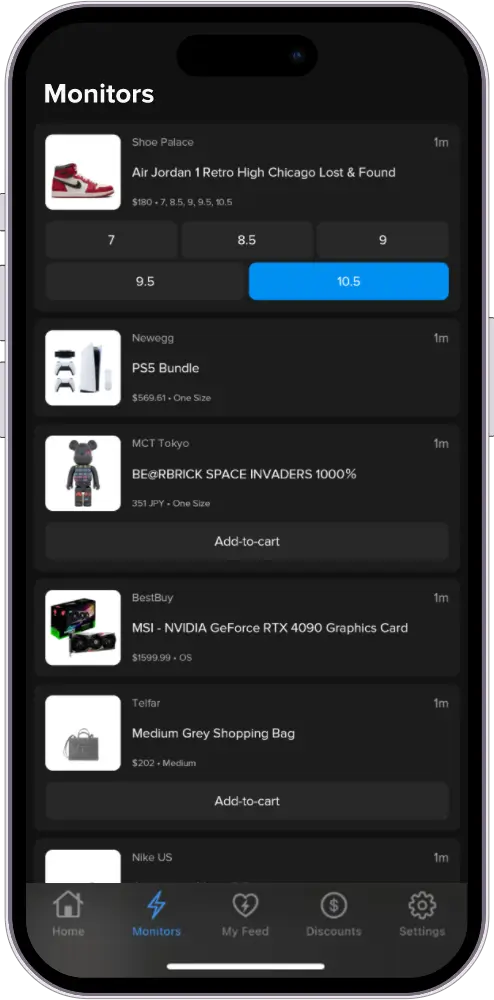 Phone rendering showing the instock's app monitor feed scrolled, revealing new products in real-time as they are made available by retailers.